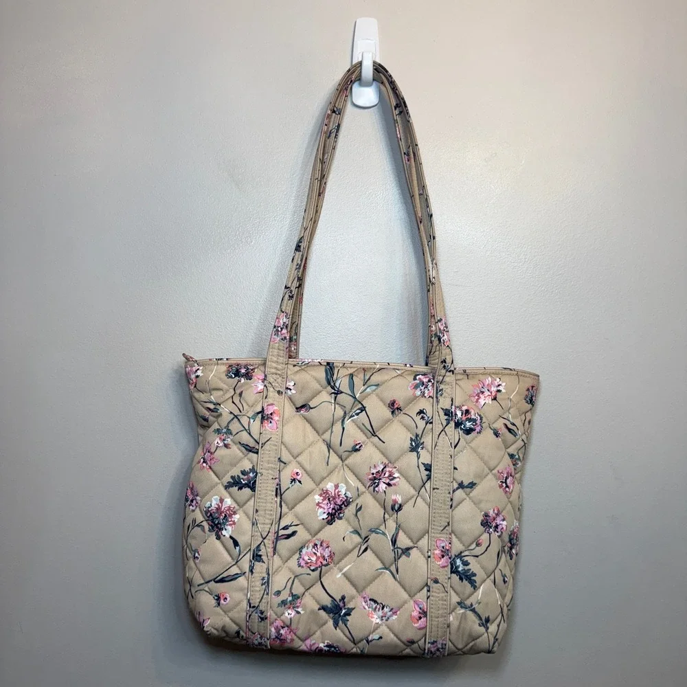 Vera Bradley Strawflowers Quilted Tote Bag Tan Pink Floral Shoulder Bag Zip Top